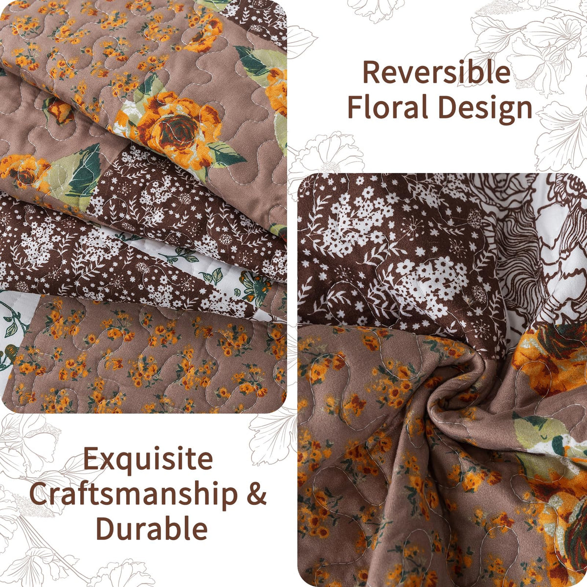 VAPUTAR Quilts Queen Size, Quilt Bedding Set with Floral Pattern, Soft and Breathable Coverlet Set, Lightweight Reversible Bedspread Suitable for All Season (90X98 inch, Brown)