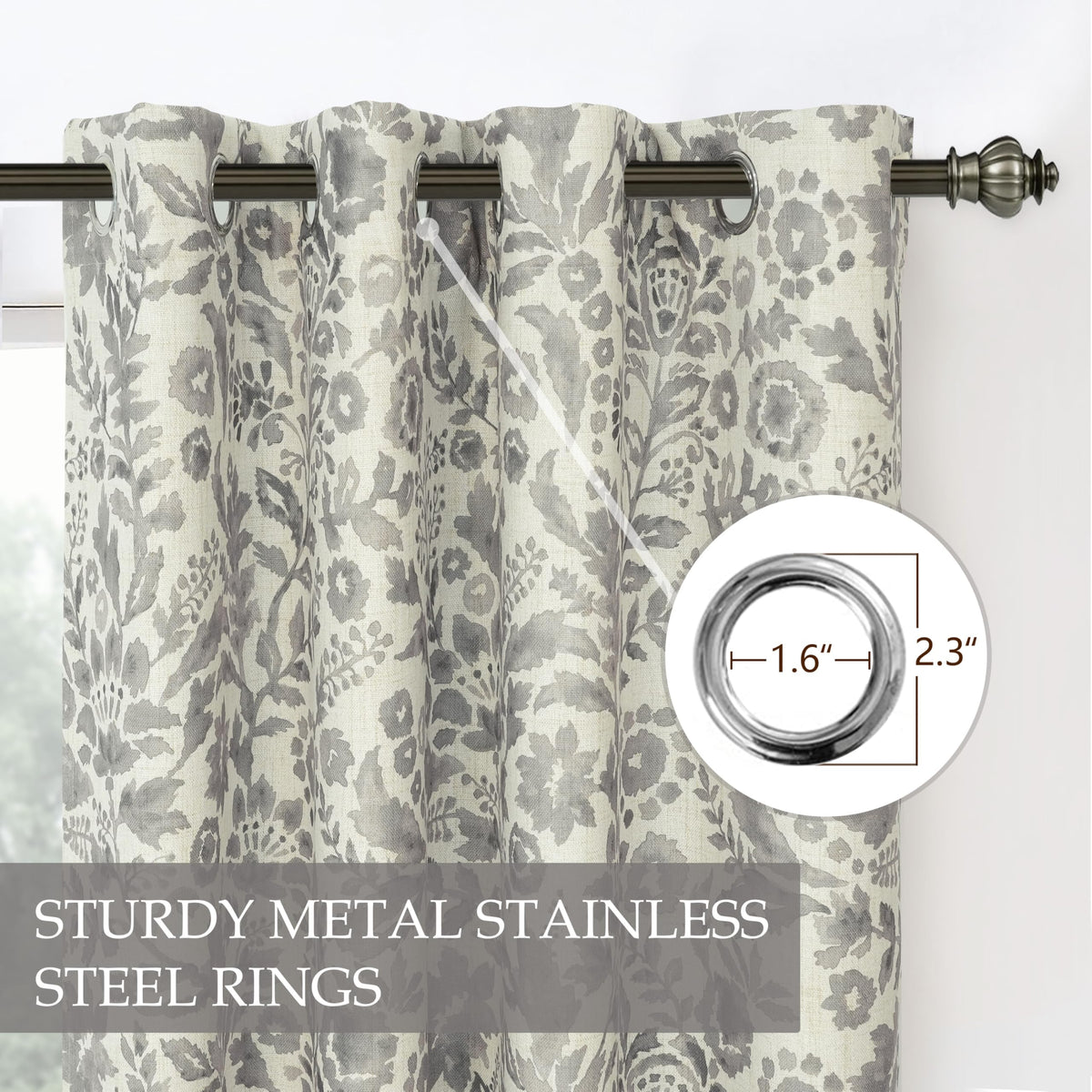 DriftAway Julia 100% Blackout Linen Curtains for Bedroom Gray Floral Watercolor Pattern Double Layer Thermal Insulated Sound Reducing Drapes for Living Room Grommet 2 Panels Each W52 x L84 Linen Gray
