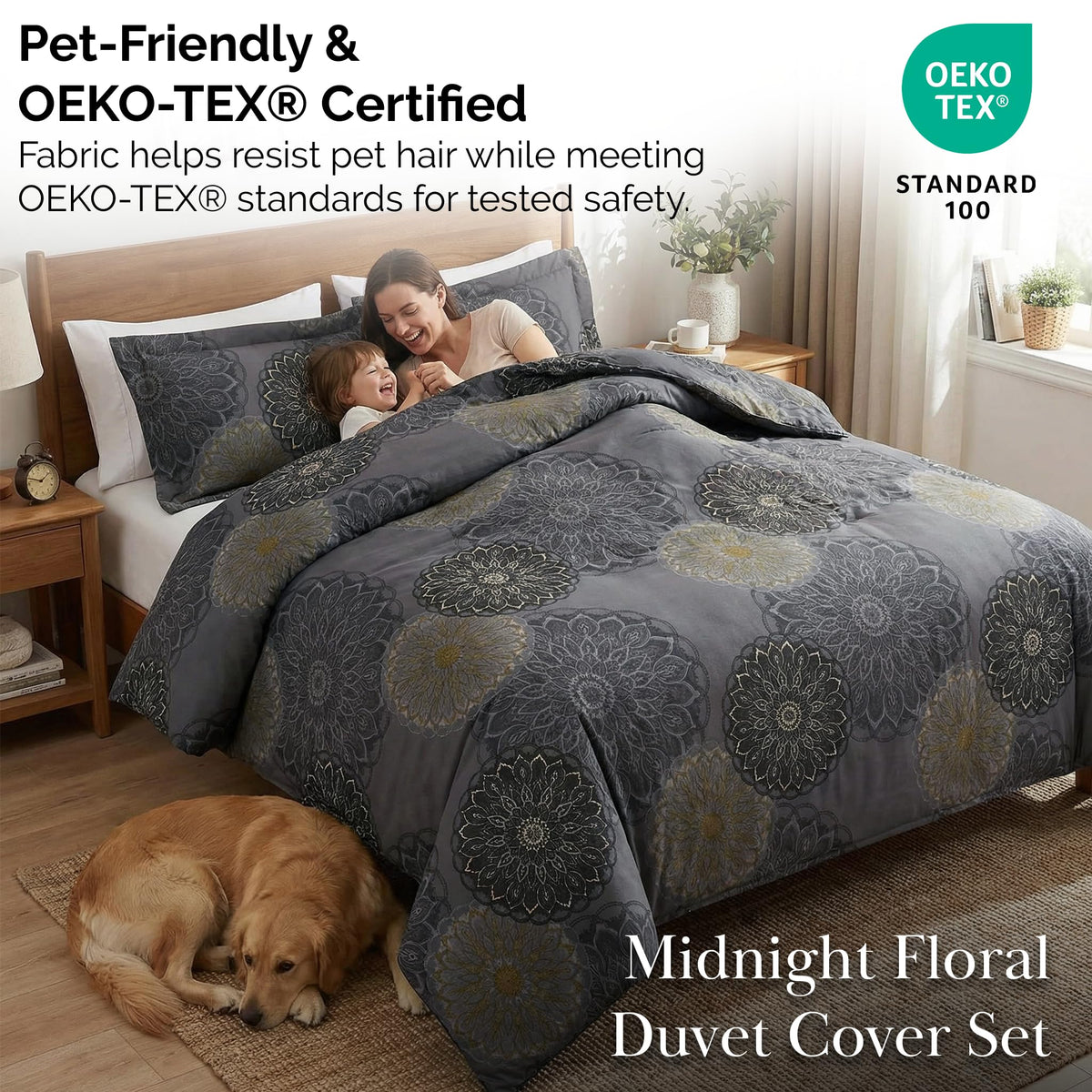 Southshore Fine Living, Inc. Oversized Floral Duvet Cover King Size/California, Reversible Cal King Duvet Cover Set, Pet Hair Resistant Bedding, 2 Pillow Shams, Insert Not Included - Midnight Black