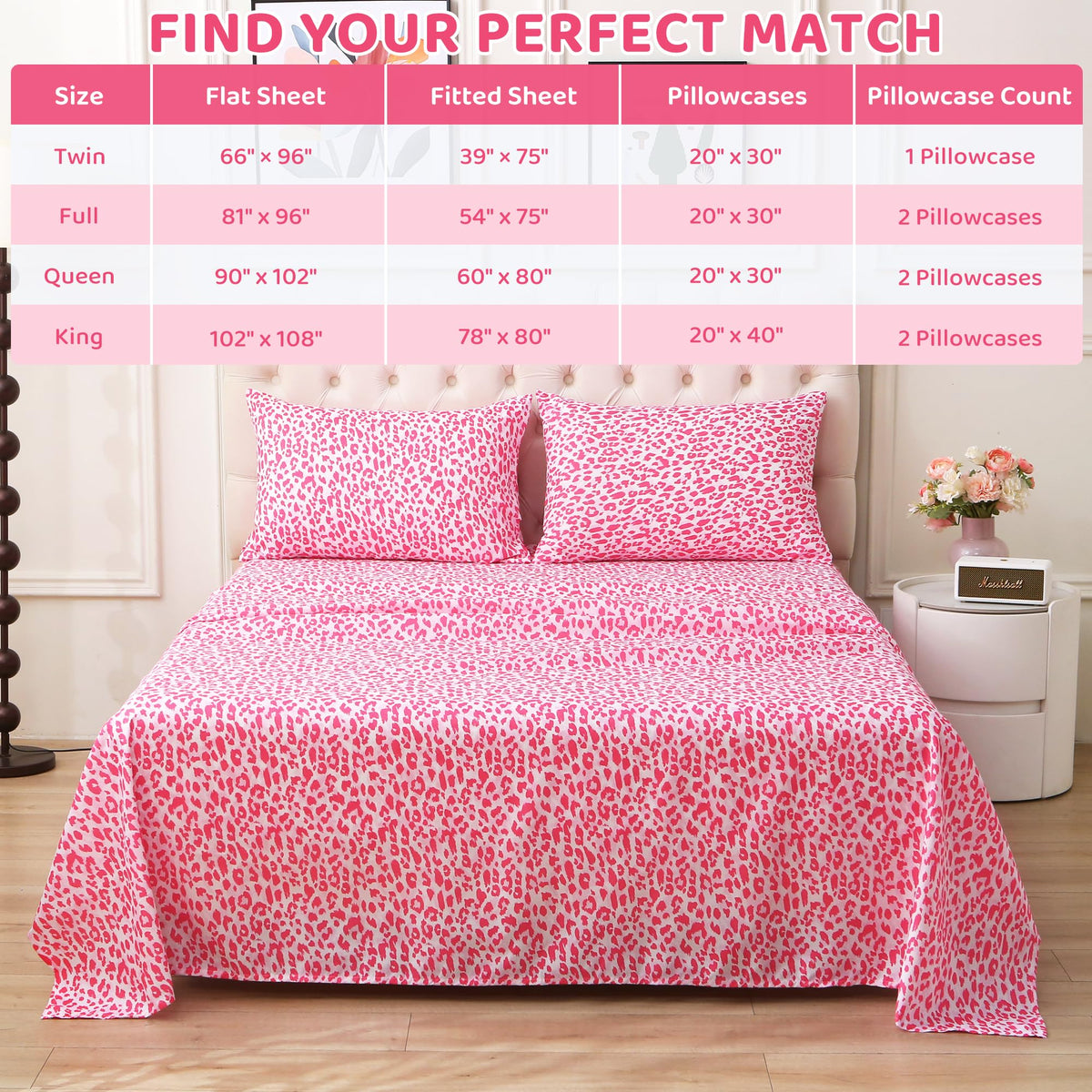 Mooreeke Leopard Cheetah Printed Queen Bed Sheets, Soft Microfiber Bedding Sheets & Pillowcases, Deep Pocket Non-Slip Fitted Queen Sheet, Pink Animal Pattern Bedsheets