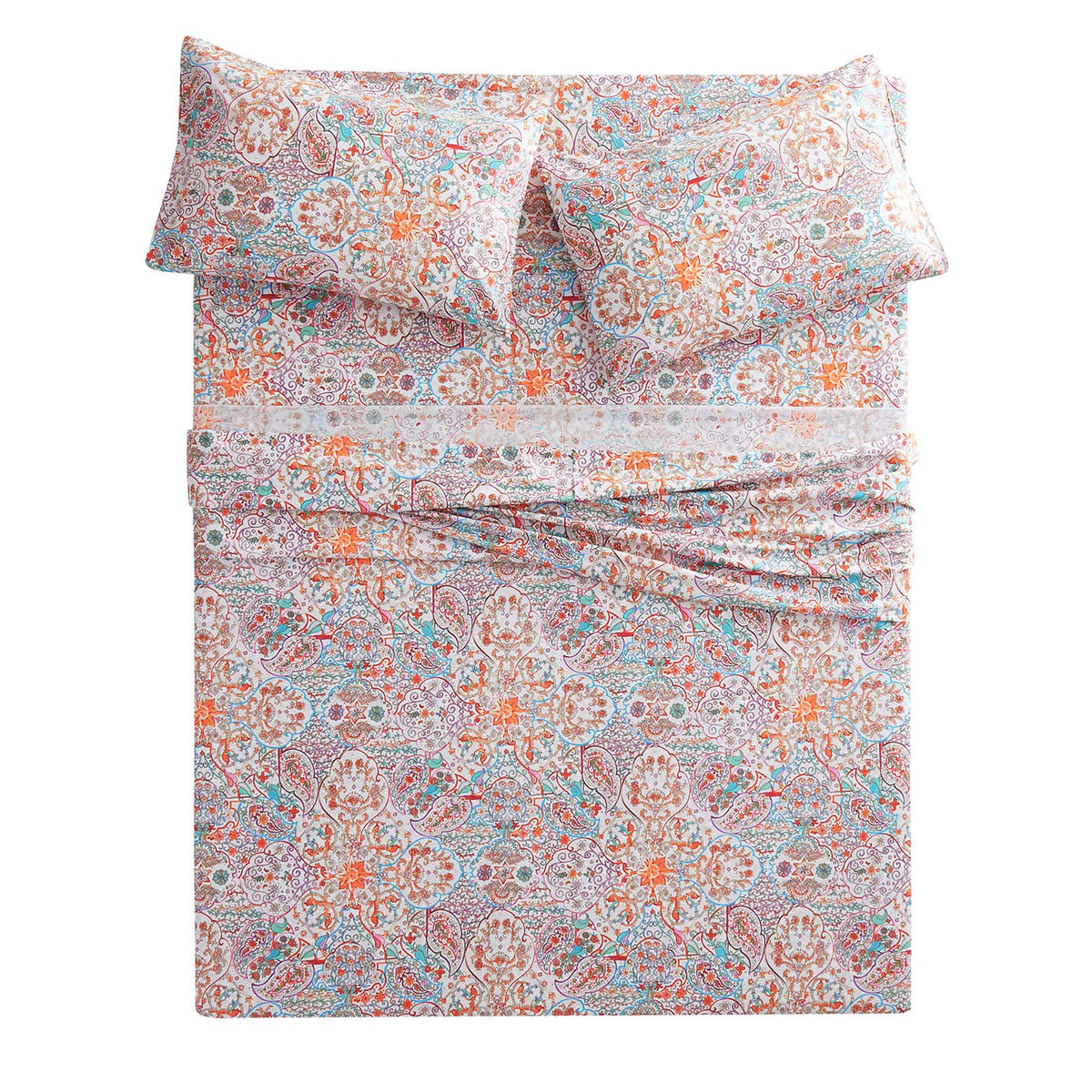 Wake In Cloud - Boho Bed Sheets, 100% Cotton, 4-Piece Sheet Set, Bohemian Hippie Chic Paisley Patterned Aesthetic Bedding, Deep Pocket, Turquoise Orange, Queen Size
