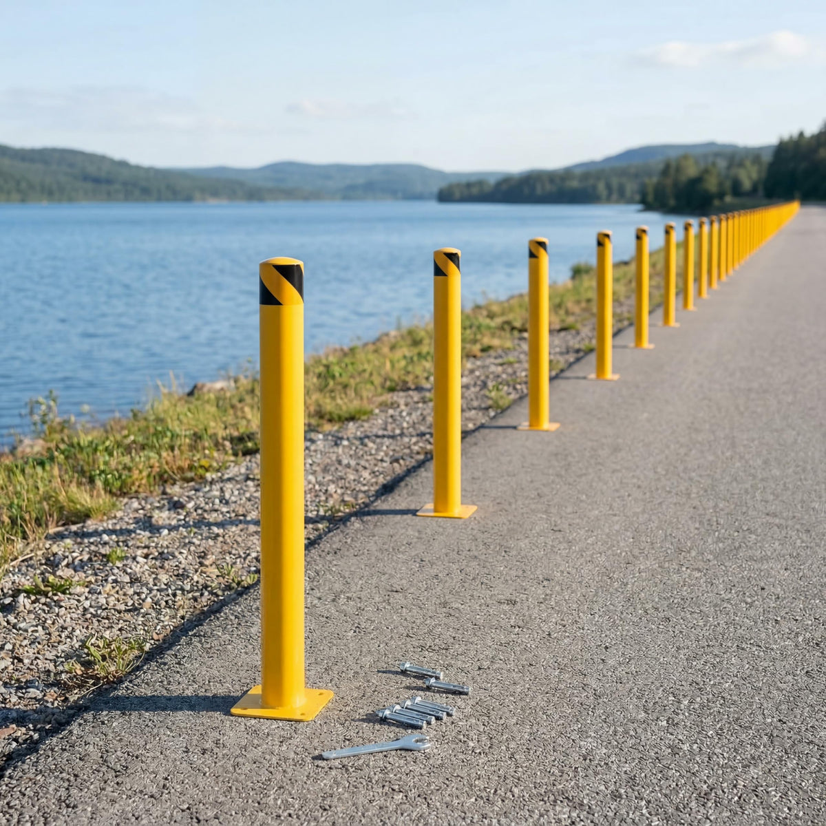 4-Pack 36 Inch Steel Safety Bollards, 4.5 Inch Diameter Parking Bollard Post with 16 Anchor Bolts, Yellow Safety Steel Bollard Post for Driveway Barrier, Traffic Control & Storefront Protection