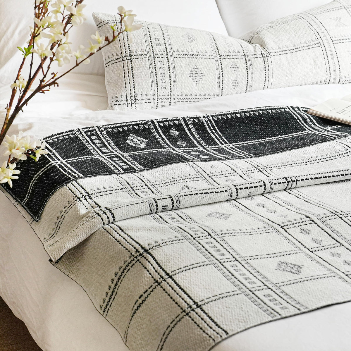 BlissBlush White Black Boho Throw Blanket, Warm Soft Comfy Chenille 55x65, Textured Dual Sided Reversible Blanket for Couch Bed, Skin Friendly