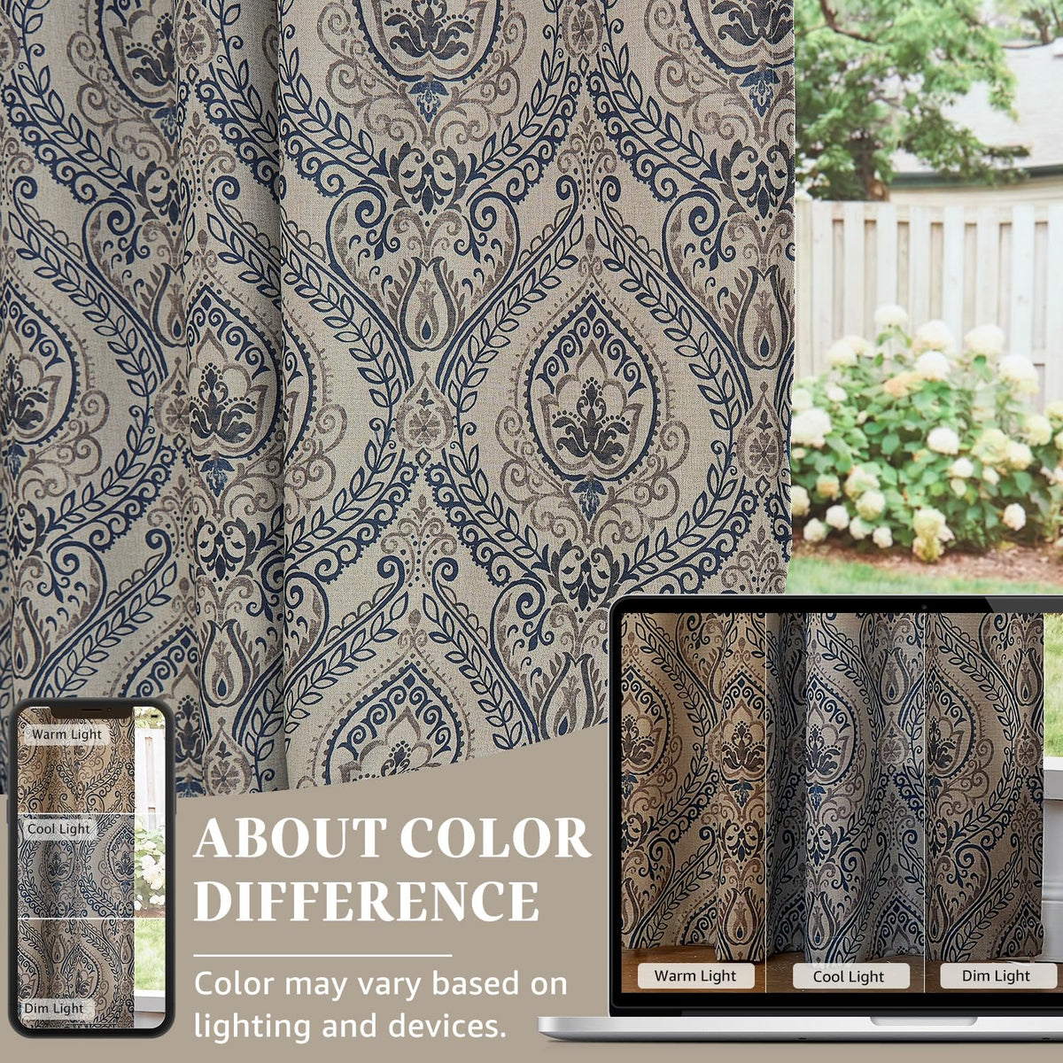 jinchan Curtains for Bedroom, Room Darkening Curtains 84 Inch Length 2 Panels Set, Linen Textured Medallion Drapes for Living Room, Vintage Damask Pattern Window Treatments, Blue on Greige