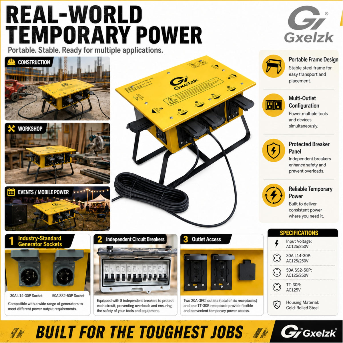 Power Distribution Box Temporary Distribution Box, It has Both 50A and 30A inlets, six 120V CFGI duplexes,Safe and Reliable Power on Any Construction site (50A-Temporary Distribution Box)