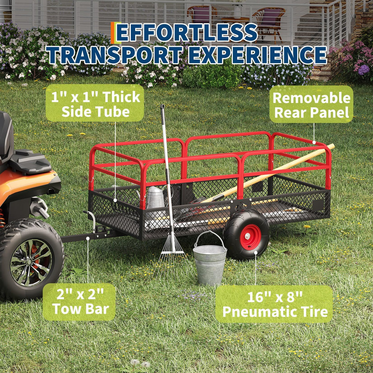 GarveeLife ATV UTV Trailer Tow Behind Dump Cart, 1600 lbs 22 Cubic Feet Heavy Duty Yard Garden Trailer Pull Behind with Removable Sides & All Terrain Tires, Fits Lawn Mower, Tractor, Garden