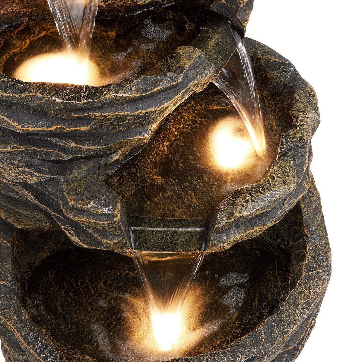 Alpine Corporation 39" Tall Outdoor 5 Tiered Natural Look Rock Water Floor Fountain with Replaceable Lights, Brown