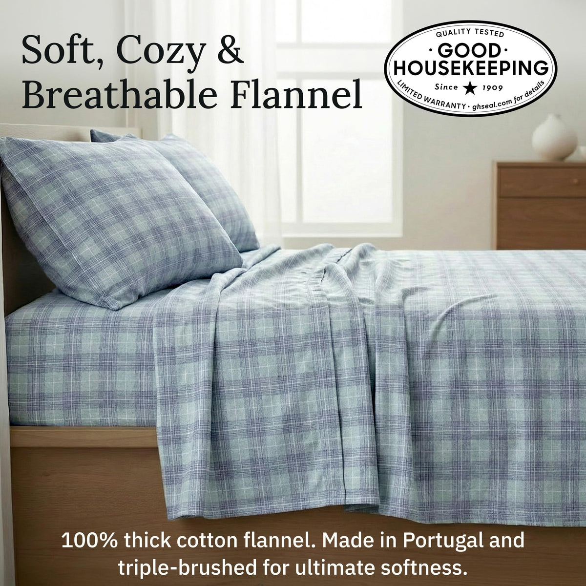California Design Den Yarn Dyed Flannel King Bed Sheet Set - Made in Portugal, 4-Piece 100% Cotton Extra Deep Pocket King Sheet Set, Thick, Velvet Soft, Triple-Brushed - Green Plaid