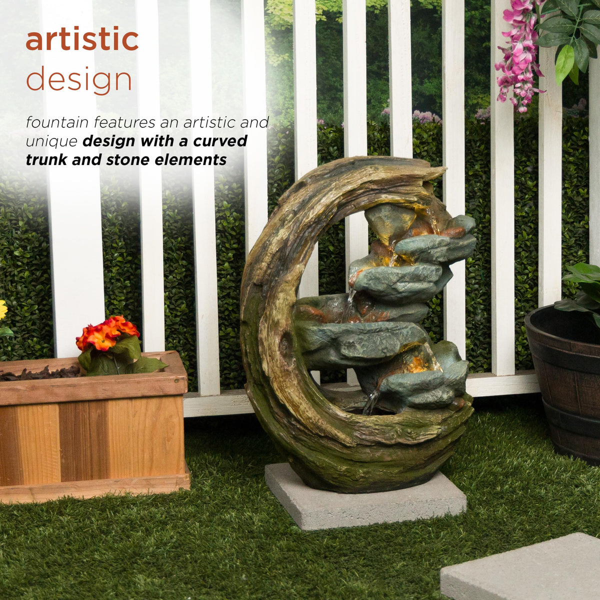 Alpine Corporation WIN1554S Outdoor Curved Trunk and Stone Floor Fountain with Warm White LED Lights, Tiered Garden Decor, 24" H, Brown