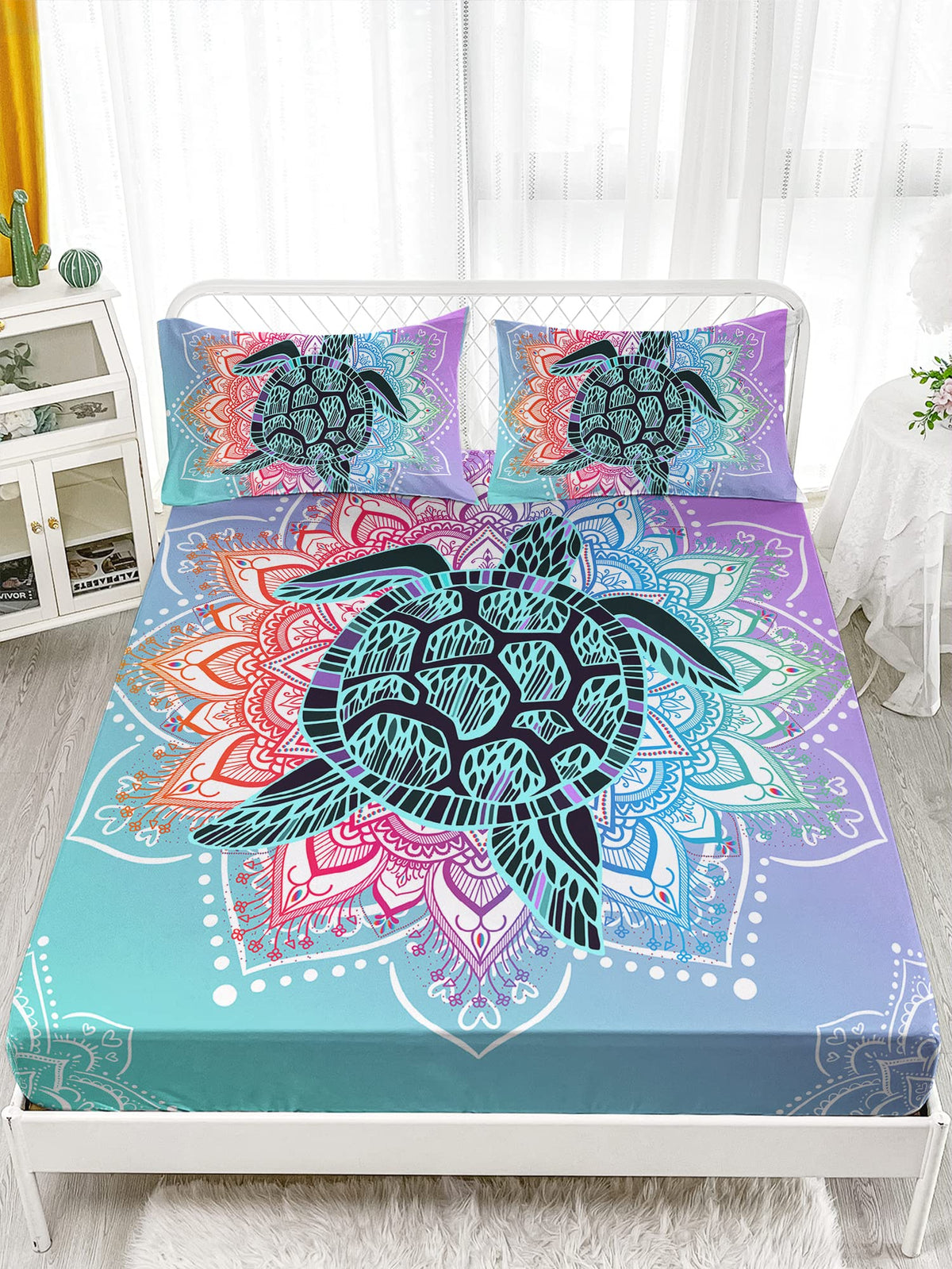 HOSIMA Sea Turtle Bedding,Coastal Beach Themed Fitted Sheet Set Queen Size for Kids Teen Girls Boys Room Decor,Mandala Turtle Fitted Sheet Set Twin Size,1 Fitted Sheet+2 Pillowcases.