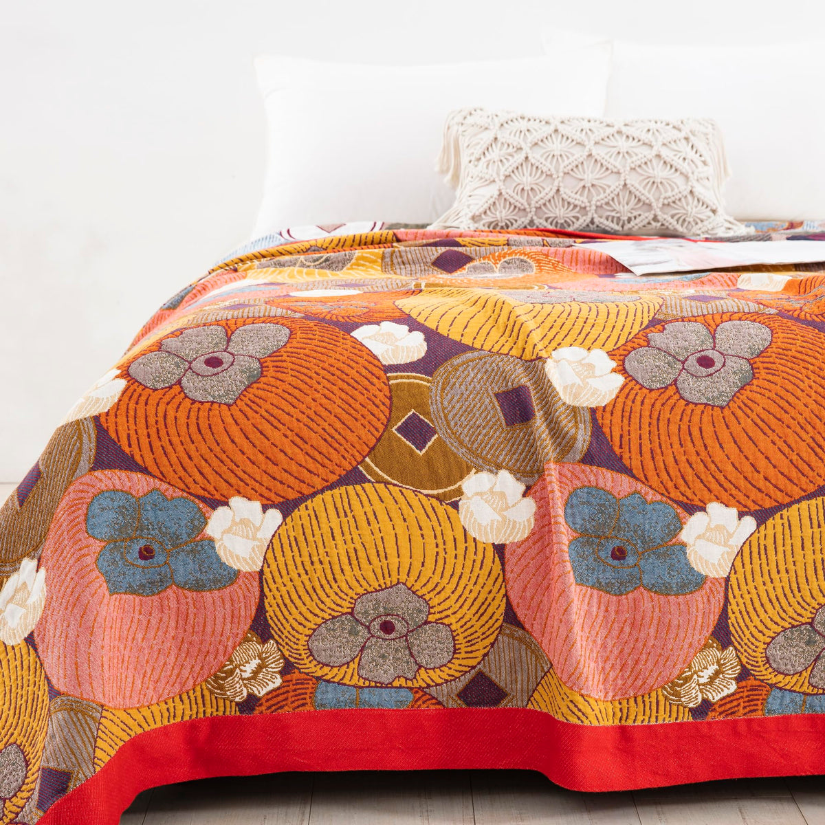 Purefair 100% Muslin Cotton Throw Blanket for Bed Couch Chair, Floral Persimmon Printed Colorful Retro Quilt Ultra Soft Reversible Gauze Blanket for All Season, 60"x80"