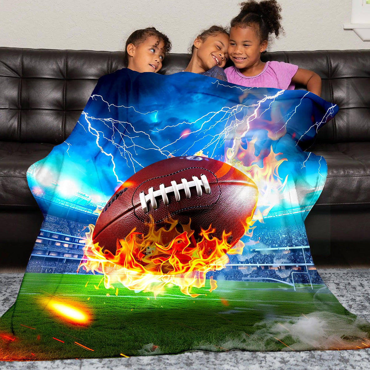 Football Blanket for Kids Adults, Super Soft Funny Cool Fire Blue Field Football Sport Throw Blanket Gifts for Kids Boys Girls Men Women, Warm Cozy Fuzzy Plush Fleece Flannel Blankets 50"x40"
