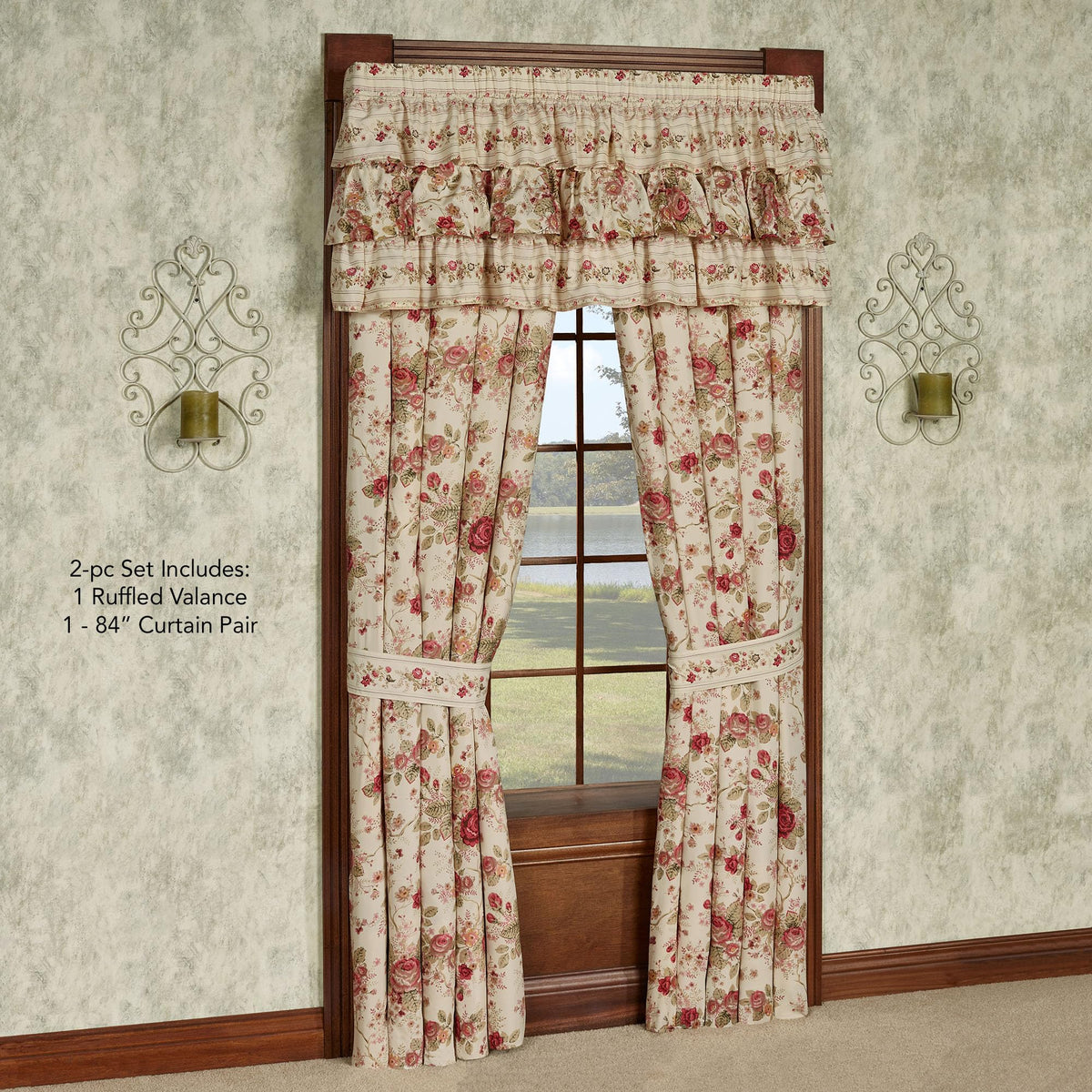 Touch of Class Heirloom Rose Window Ruffled Valance & 84" L Curtain Pair