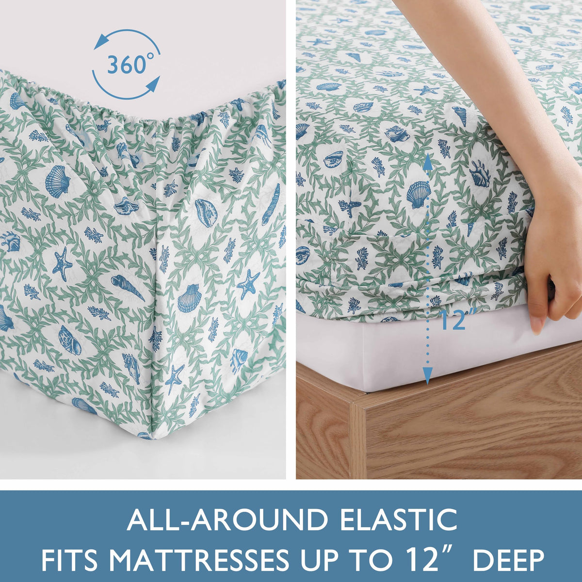 Caribbean Joe 6-Piece Sheet Set with Cooling Pillowcases, 12-inch Deep Pockets, Tropical Beach Coastal Design, Queen, Seaweed Trellis