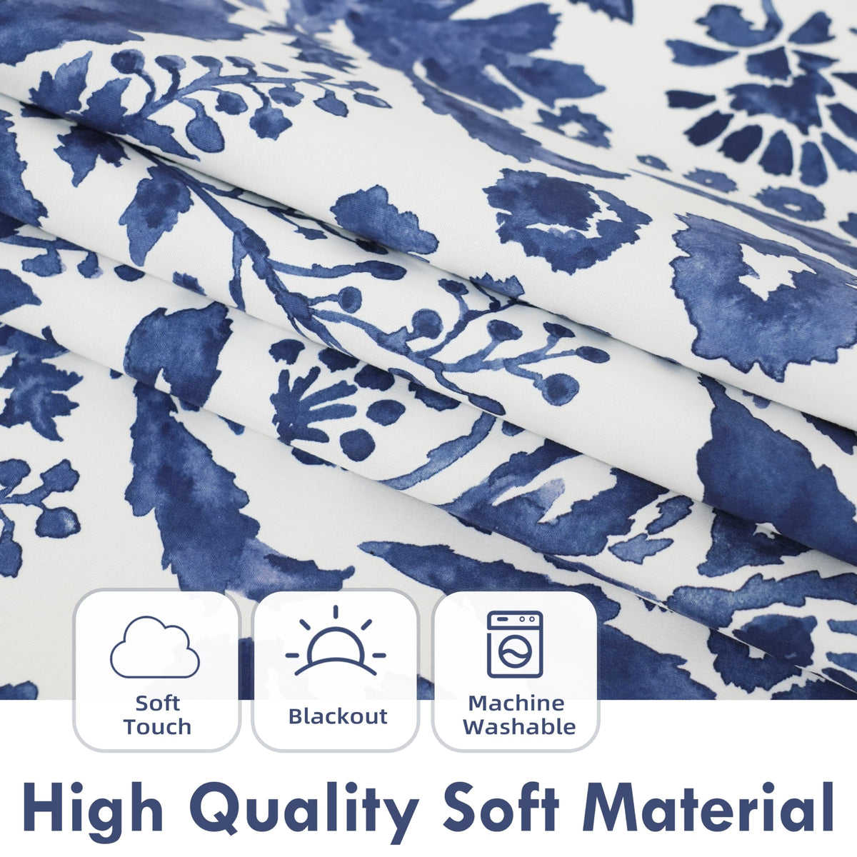 DriftAway Julia Blackout Curtains for Bedroom Navy Floral Watercolor Pattern Double Layer Thermal Insulated Sound Reducing Room Darkening Drapes for Living Room Grommet 2 Panels Each W52 x L84 Navy
