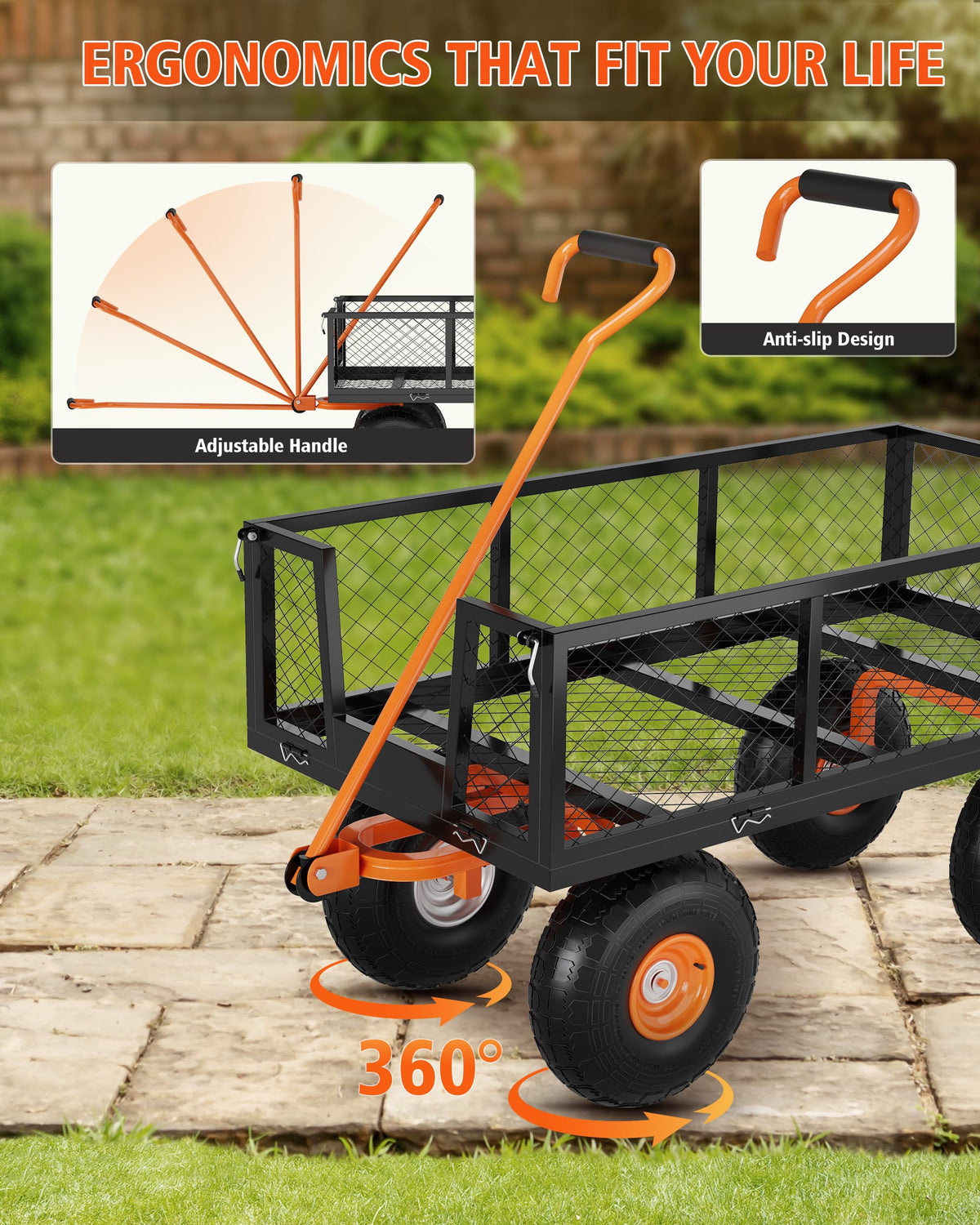 Heavy Duty 900 Lbs Capacity Steel Garden Cart, 3-in-1 Utility Metal Wagon, with Removable Mesh Sides to Convert Into Flatbed, 180° Rotating Handle and 10" Tires