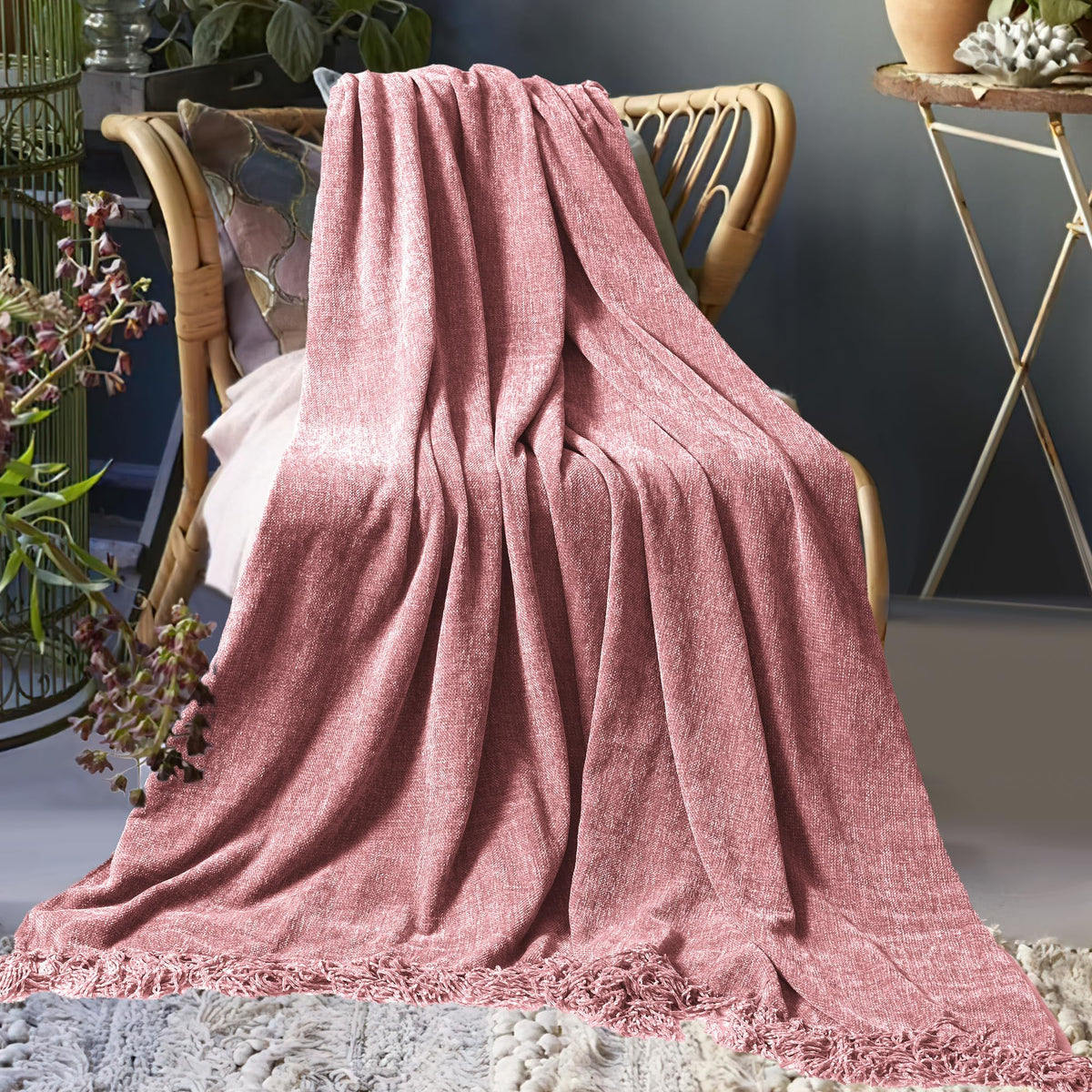 LONG CREATE Chenille Throw Blanket for Couch 50"X 60", Soft Cozy Throws with Fringe Tassel for Bed Sofa Chair Cover, Lightweight Knitted Decorative Boho Blankets for Living Room, Mauve