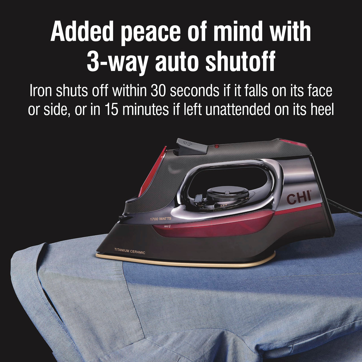 CHI Steam Iron for Clothes with 8’ Retractable Cord, 1700 Watts, 3-Way Auto Shutoff, 400+ Holes, Professional Grade, Temperature Control Dial, Titanium Infused Ceramic Soleplate, Black/Chrome (13109)