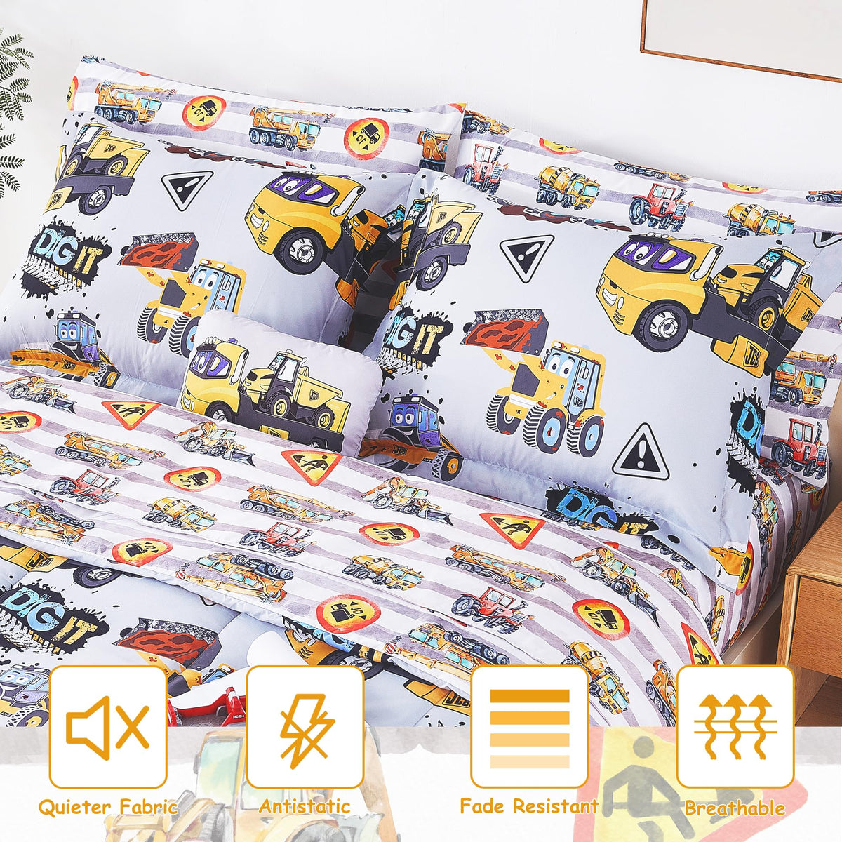 Mooreeke Kids Twin Comforter Sets for Boys 6 Pieces Heavy Duty Vehicle Bedding Set for Teens Microfiber Engineering Truck Kids Bed in A Bag with Comforter, Sheet Set, Shams and Decorative Toy Pillow