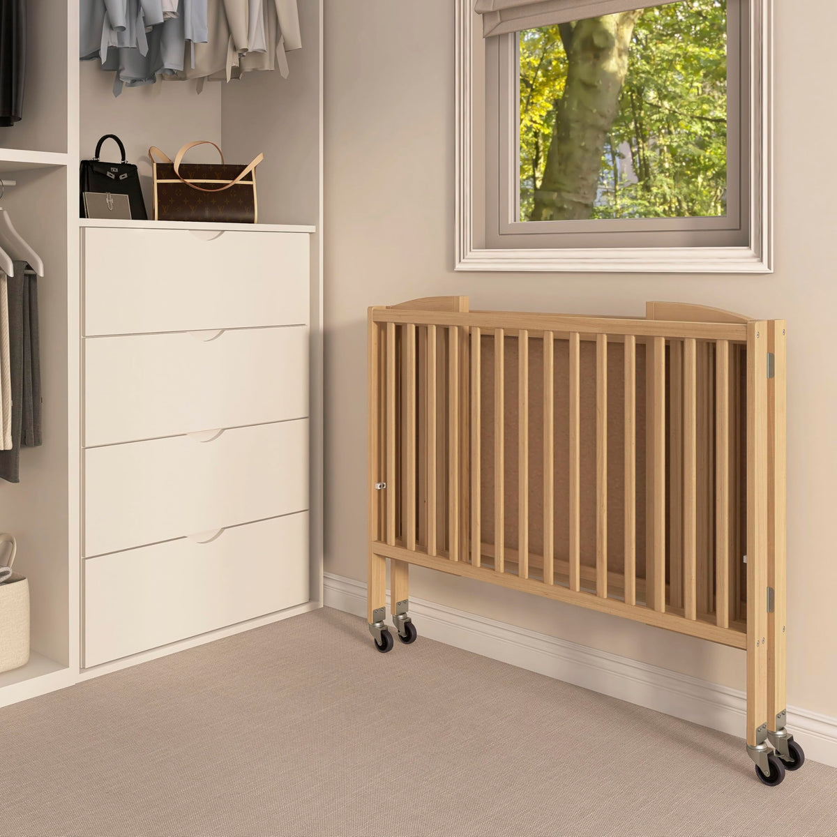Dream On Me Folding Full Size Convenience Baby Crib with Durable Metal Wheels, Portable Space-Saving Design, 2 Adjustable Heights, Easy Fold Flat Storage, GREENGUARD Gold & BSA Certified, Natural