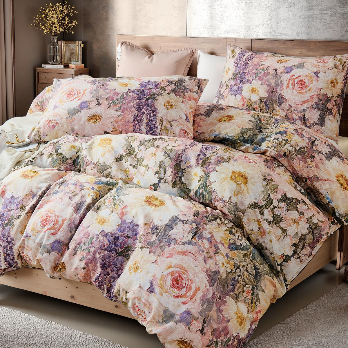 Cozaline 100% Cotton Duvet Cover King Size – Romantic Garden Impressionist Floral Duvet Cover Set with Zipper Closure, 3-Piece Luxury & Soft Bedding Set for All Seasons