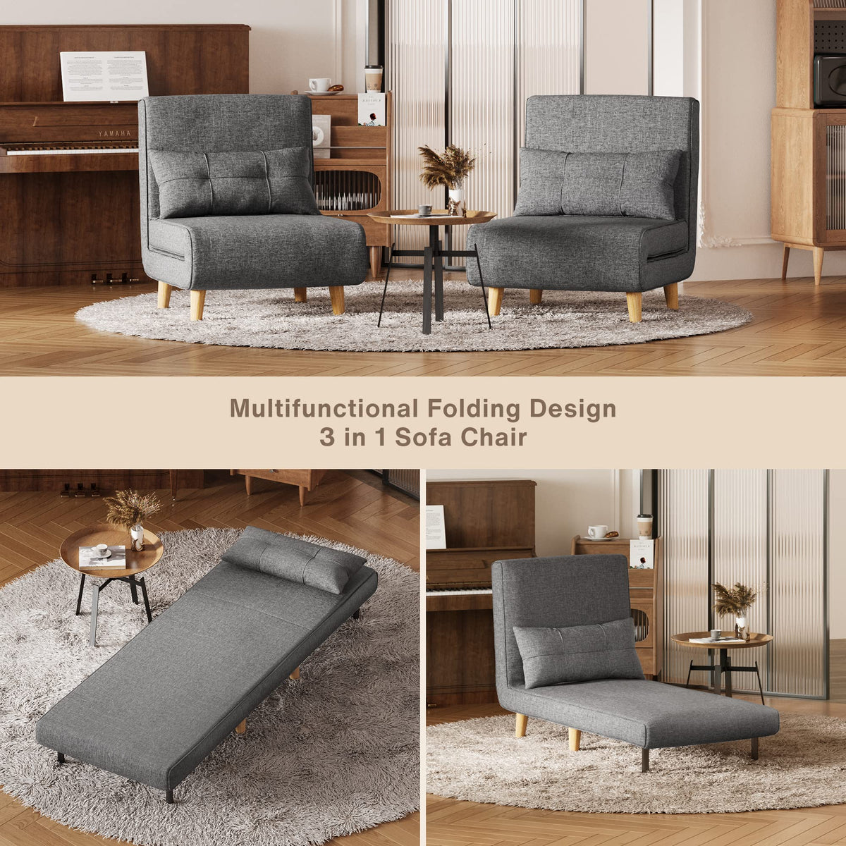 Aiho 3 in 1 Sleeper Chair Bed, Convertible Chair Bed Futon Sofa with Adjustable Backrest, Accent Chair for Apartment/Bedroom/Office, Dark Grey