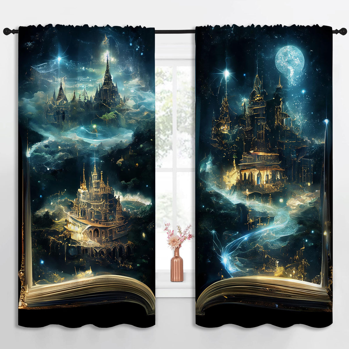 LHROOMJK Magic Book Blackout Curtains for Boys Girl Bedroom Decor,Psychedelic Castle Medieval Building Thermal Insulated Rod Pocket Drapes Darkening Window Curtain for Living Room Home 55x63 inch