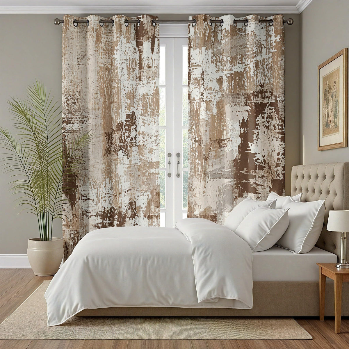 Rufxnn Abstract Curtains, Modern Distressed Curtain Blackout, Contemporary Neutral Curtains 63 Inch Length, Minimalist Brown Drapes for Living Room Bedroom, Grommet Room Darkening Curtain 2 Panel Set