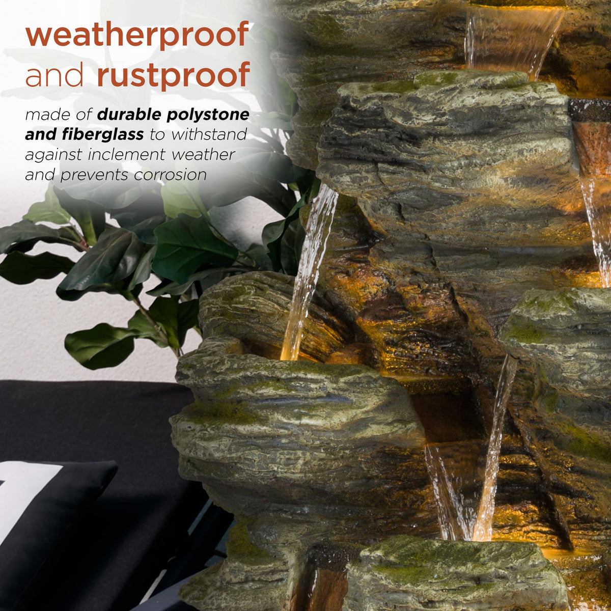 Alpine Corporation WIN1092 Outdoor Multitiered Rock Waterfall Floor Fountain with Warm White LED Lights, 51" Tall, Brown