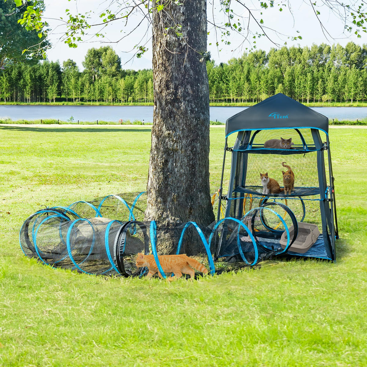 Extra Large Catio Outdoor Cat Enclosure,3 Tier Cat Tower Tent Weatherproof & Sunproof with 3 Doors(with Two Kinds of Canopies), Foladable and Portable Plus Run Tunnel(3 Packs).