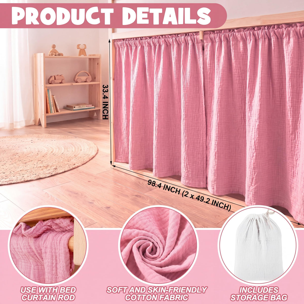 Breling 3 Pcs Panel Muslin Cotton Curtains Set for Loft Bed Pink Bunk Bed Privacy Curtains Breathable Fabric with Storage Bag for Bedroom Playhouse Dorm