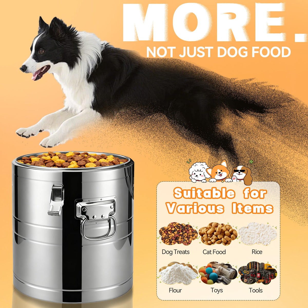 UPSKYPET 40lb Stainless Steel Dog Food Storage Container, Large Capacity Metal Pet Food Storage Container with Scoop, Airtight Dog & Cat Food Treat Bin for Dry Food Keep Fresh for Multi-Pet Households