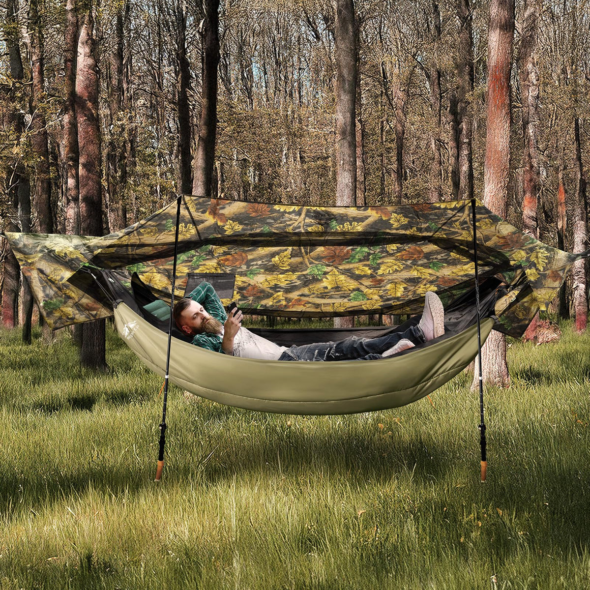 Night Cat Camping Hammock Tent: Lightweight Portable 4 in 1 Hammock with Rain Tarp and Mosquito Net for Adults Hiking Jungle Outdoor Camouflage