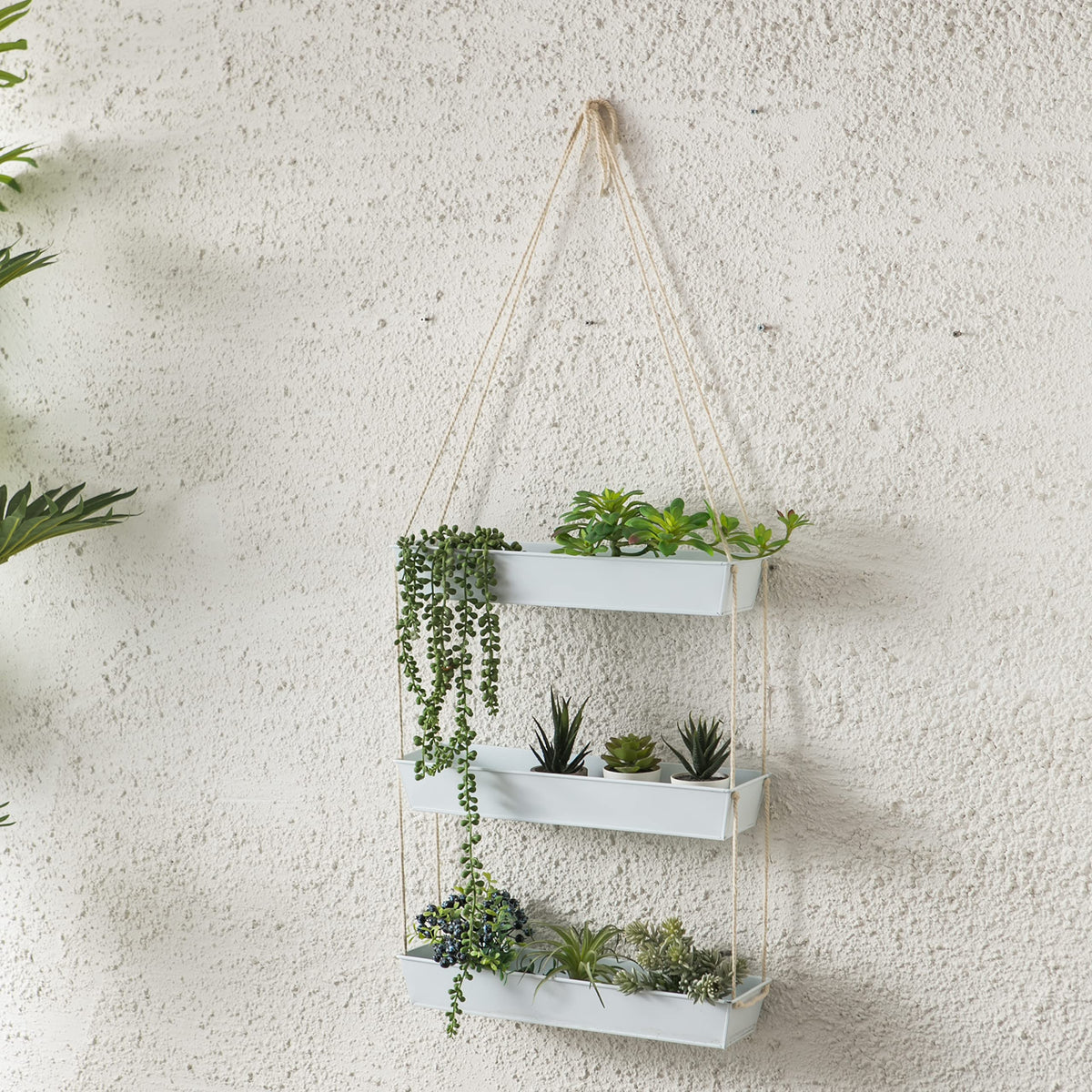LaLaGreen Hanging Wall Planter - 16 Inch Three Tier Plant Hanger for Succulent Indoor Herb Planter Modern White Boho Metal Wall Plant Holder Decor, Vertical Garden Hanging Planter Shelf Large Outdoor