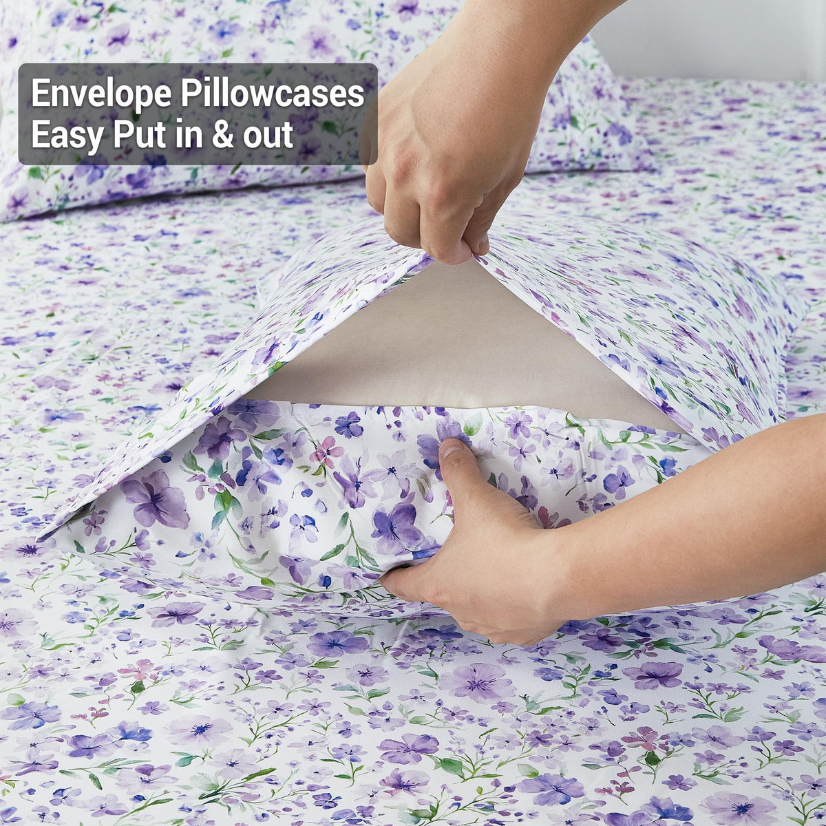 Viviland Floral Queen Sheet Set - 4 Piece Vintage Lavender Flower and Leaves Patterned Bed Sheets - Soft, Breathable Microfiber Sheets with Deep Pocket, Non-Slip Fitted Sheets & Pillowcases