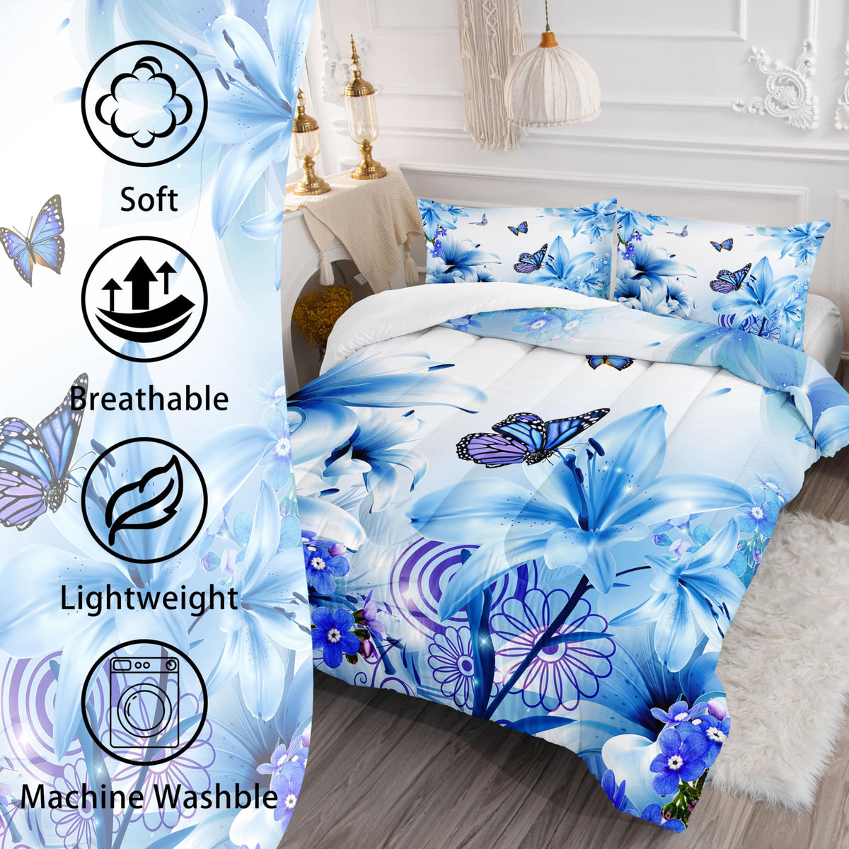 AILONEN Beautiful Butterfly Comforter Set Full Size, Blue Floral Butterfly Bedding Set for Kids Girls Women Room Decor,3Pcs Soft Breathable Duvet and 2 Pillowcases