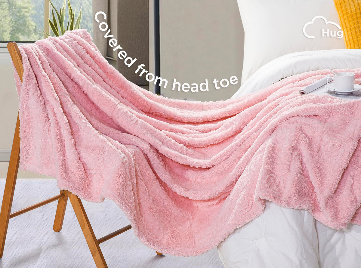 CLOUDS HUG Pink Throw Blanket for Couch - Soft Blankets for Women, Cute Small Fleece Blanket for Girls Gift, 50x60 Inches,3D Textured Smile Pattern