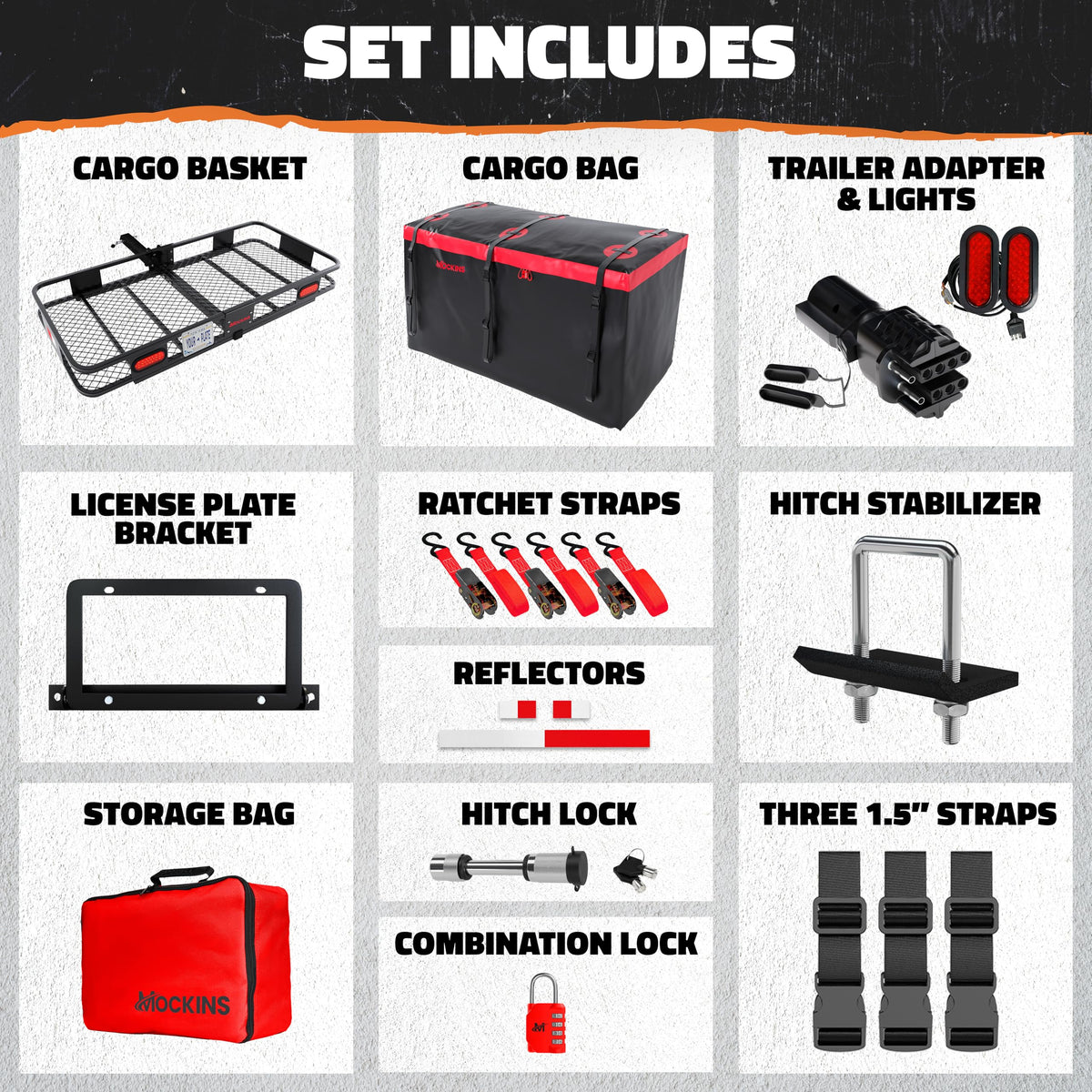 Mockins 70"x30"x6" XXL Folding Trailer Hitch Cargo Carrier w/Rear Lights, Plate Bracket & 40 CuFt Waterproof Cargo Bag for Hitch Carrier | 500 Lbs Cap Luggage Rack for SUV Car & Truck w/Accessories