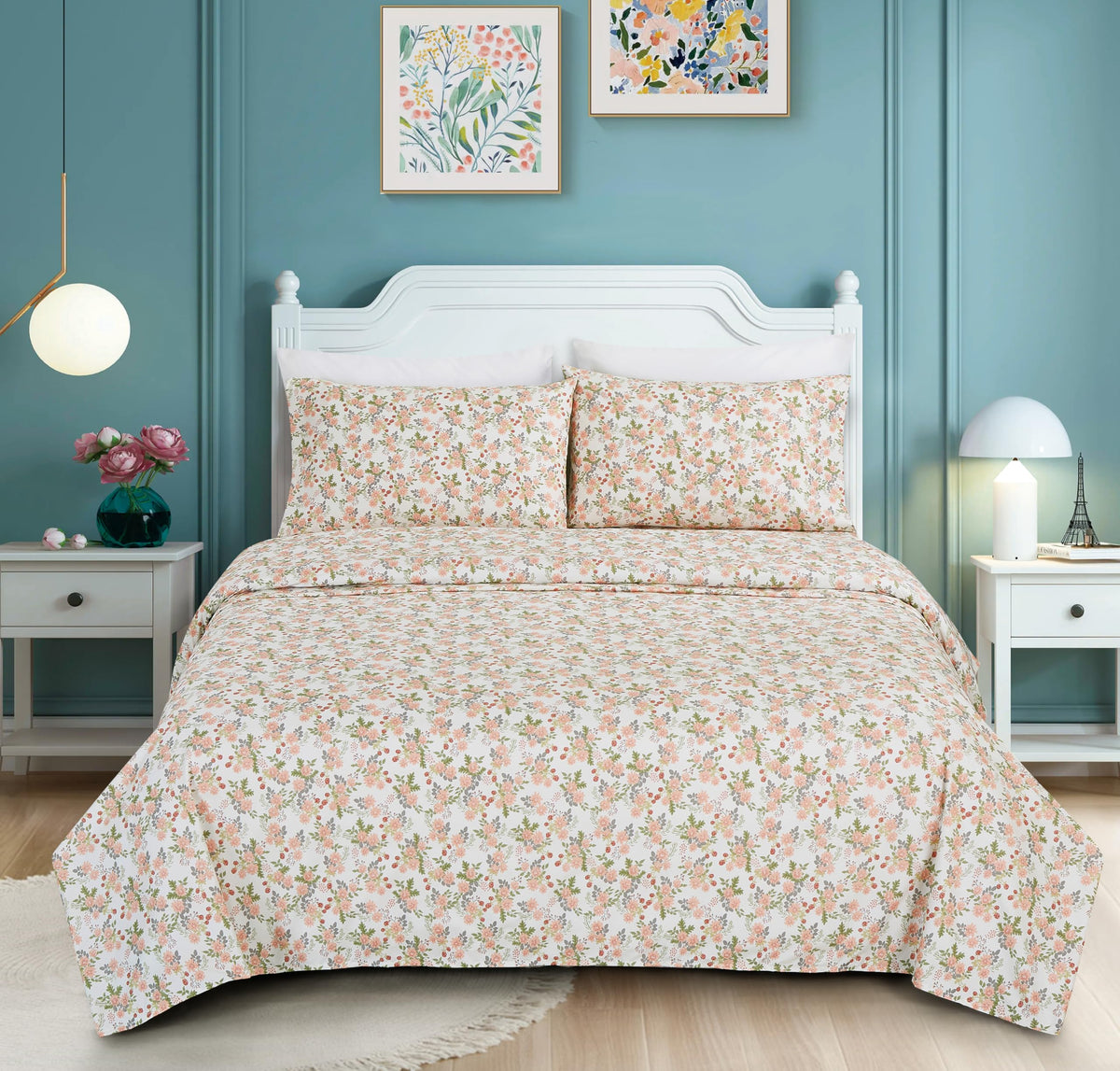 Chezmoi Collection Winika 4-Piece Floral Bed Sheet Set - Multicolor Pink Red Green Gray Floral Flowers Printed Microfiber 14-Inches Deep Pocket Sheets & Pillowcases Set, California King