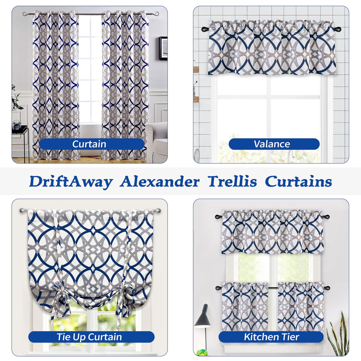 DriftAway Alexander 80% Blackout Curtains for Living Room 250GSM Pattern Match Thermal Insulated Room Darkening Geo Moroccan Mid Century Grommet Bedroom Drapes 2 Panels 52 Inch by 84 Inch Navy Gray