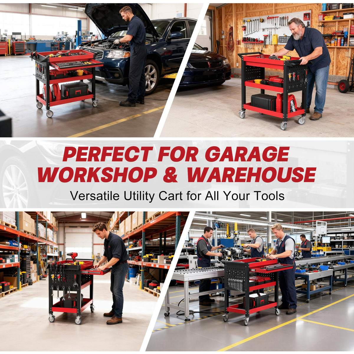 XCX 3 Tier Tool Cart on Wheels, Heavy Duty Metal Rolling with Drawers and Pegboards, 660 LBS Load Capacity Tool Storage Cart, Industrial Utility for Garage, Warehouse, Workshop