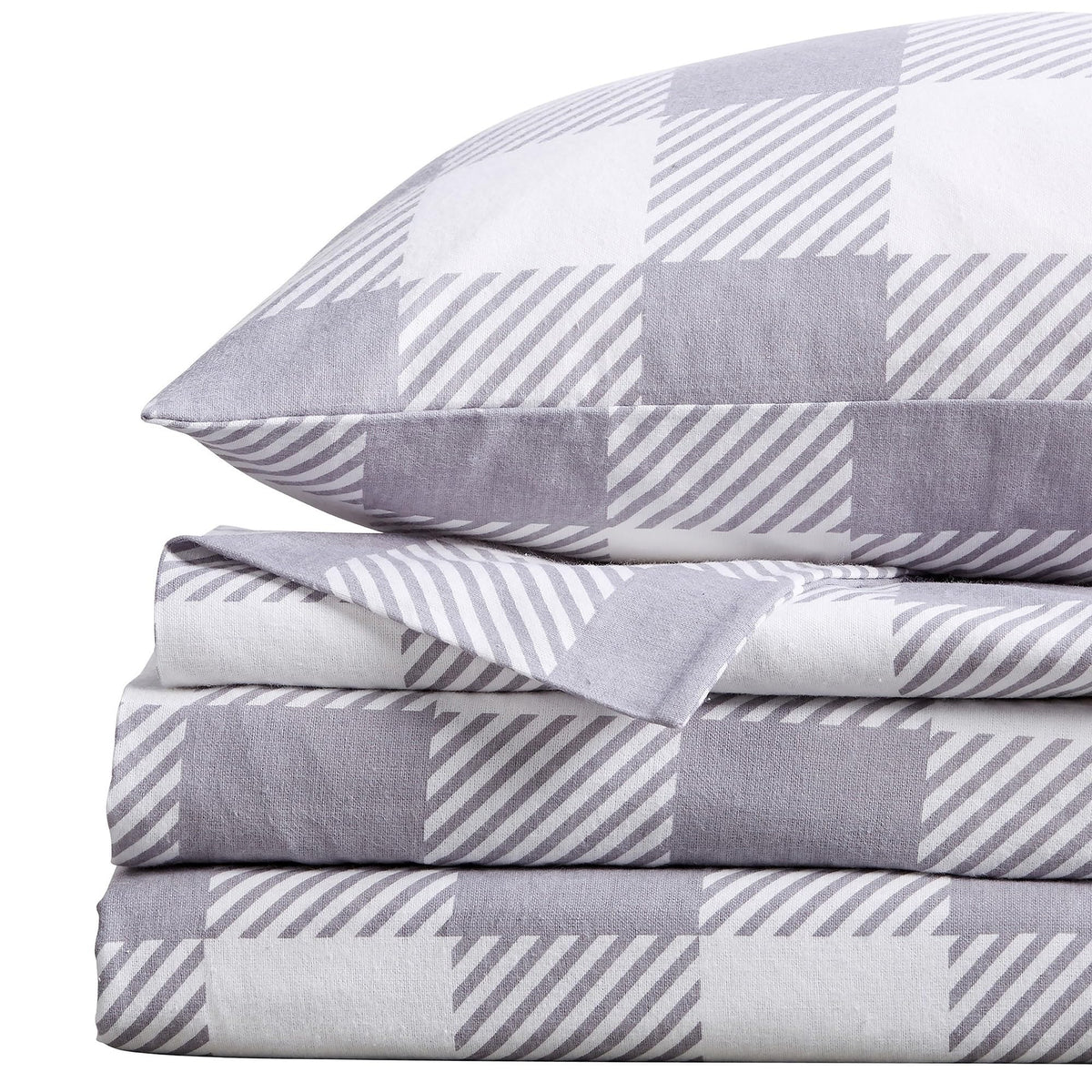 Market & Place 100% Turkish Cotton Flannel Sheet Set | 4 Piece Deep Pocket Novelty Cozy Winter Bed Sheets | Double Brushed for Extra Softness & Comfort | Queen, Buffalo Check Grey