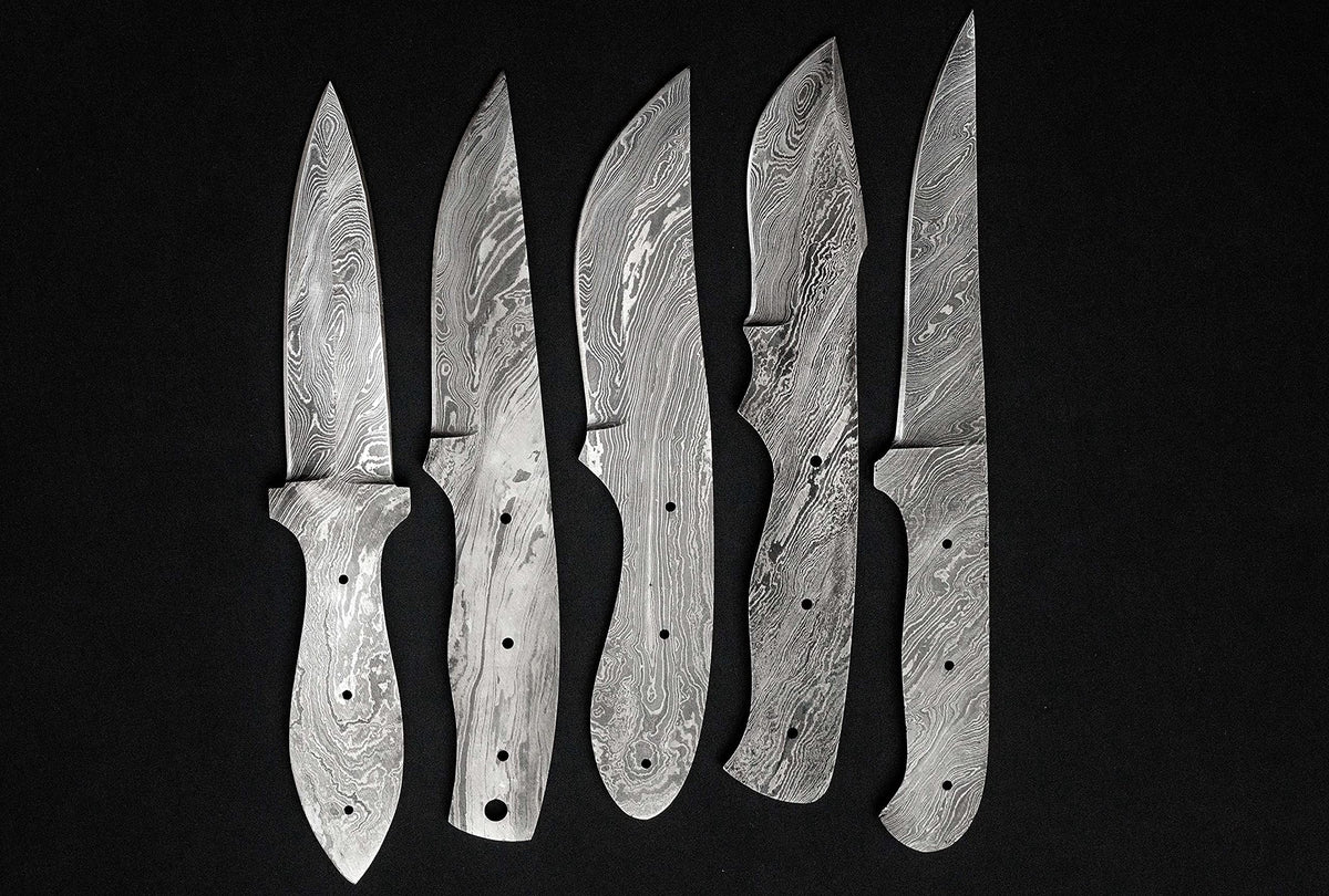 5 pieces set of 8 to 9.5 inches long hand forged twist pattern Damascus steel blank blade skinning knife set, Over all 44 inches long blades compact pocket knife blanks, knife making supplies