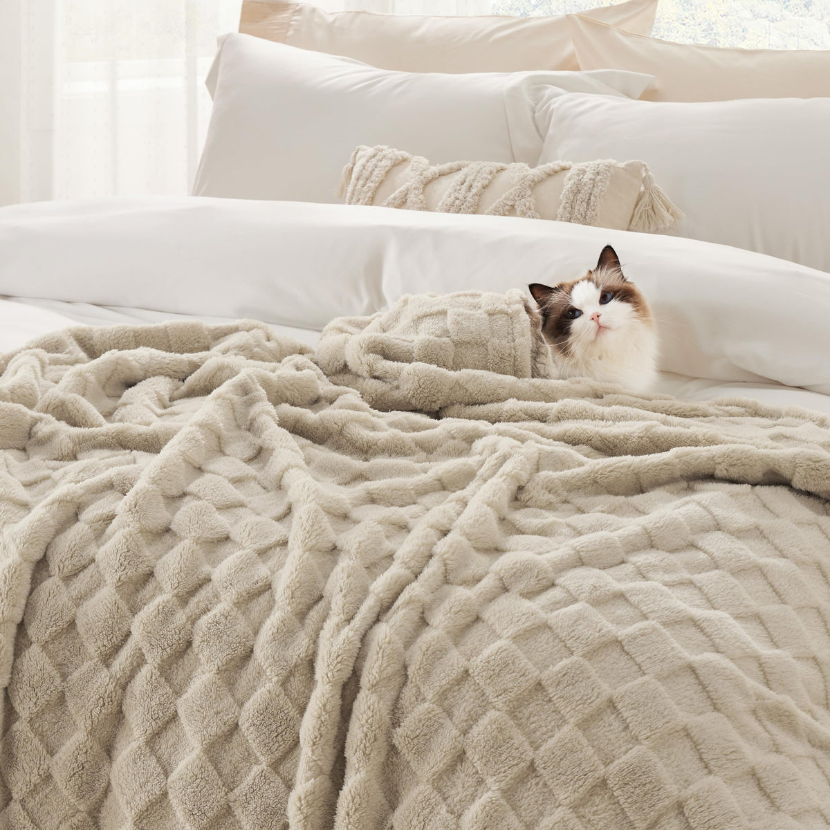 Bedsure Fleece Twin Blanket（White ＆ Beige）