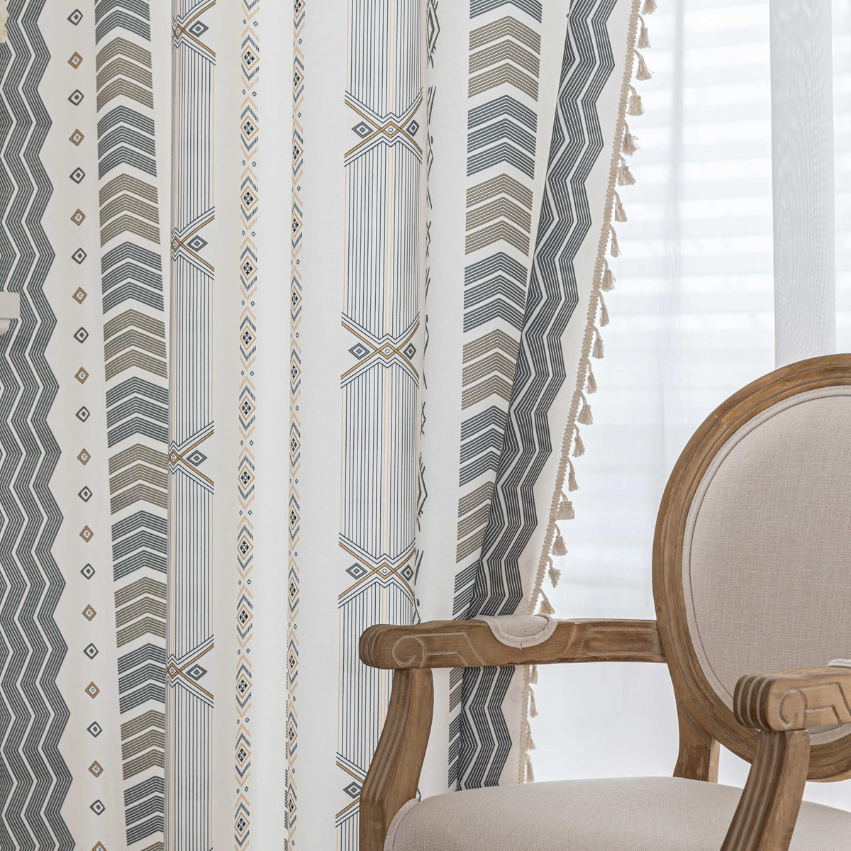Erbnaryx Gray Geometric Curtains 72 Inches Long, Boho Farmhouse Light Filtering Rod Pocket Drapes with Tassel Trim for Bedroom Living Room, 2 Panels