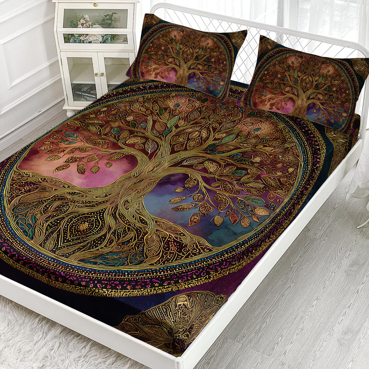 AILONEN Tree of Life Fitted Sheet Set Queen Size,Retro Floral Plant Bedding Set for Boys Girls,Bohemian Tree of Life Deep Pocket Sheets with 2 Pillowcases,3-Piece