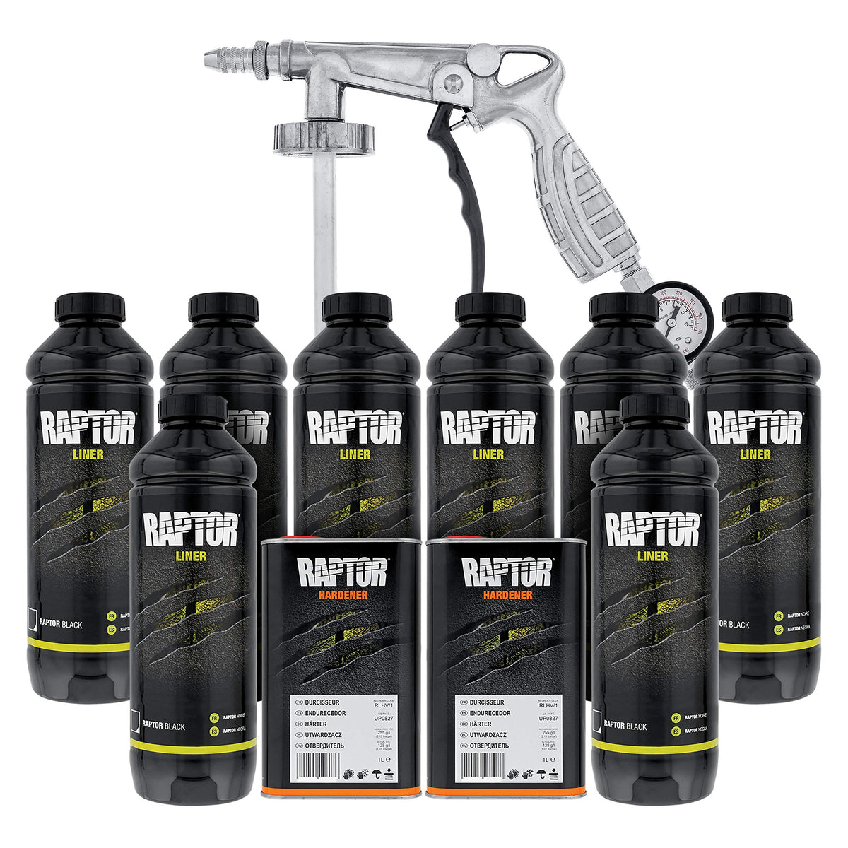 CUSTOM SHOP U-Pol Raptor Black Urethane Spray-On Truck Bed Liner 8 Quart Kit and Custom Coat Spray Gun with Regulator