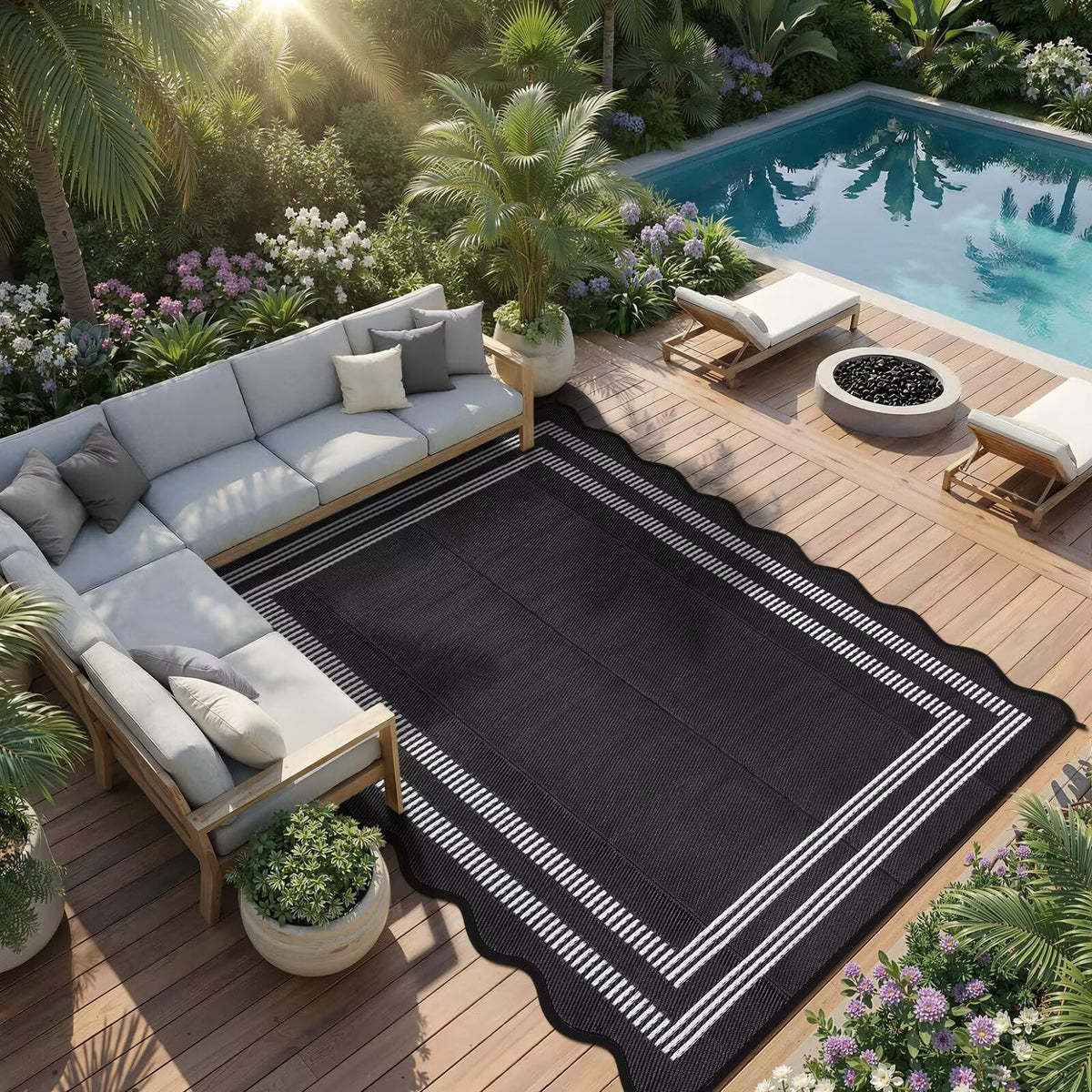 Garvee Waterproof Outdoor Rug 9x18, Scalloped Geometric Foldable Plastic Straw Patio Camping Rug, Outdoor RV Carpet for Deck Camper Porch Balcony Backyard Picnic Beach Black and White