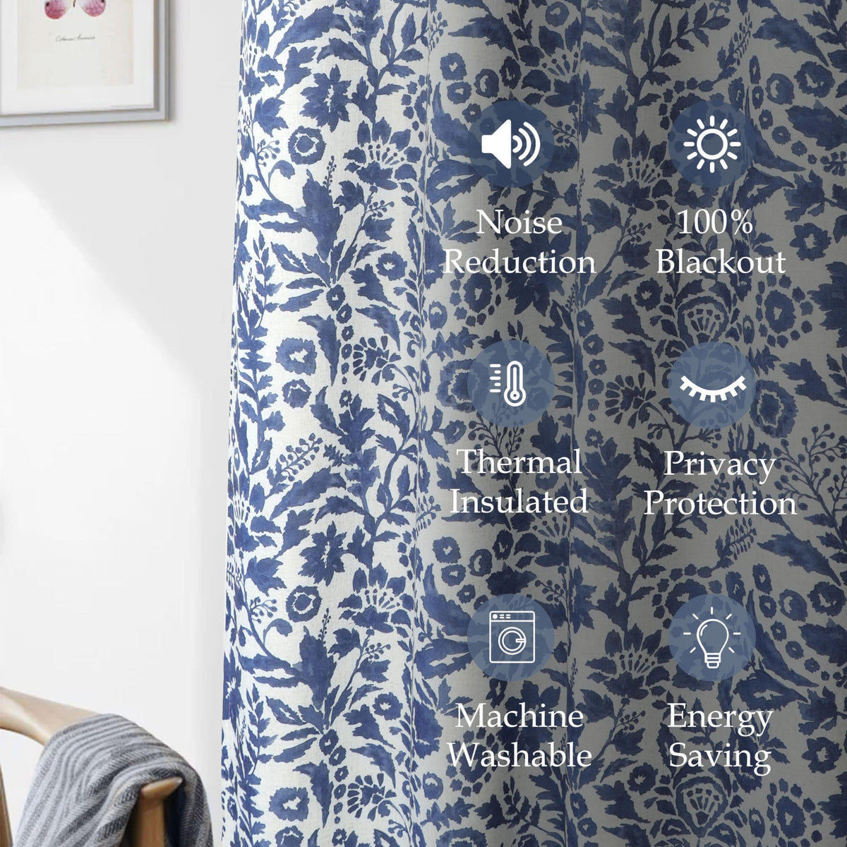 DriftAway Julia 100% Blackout Linen Curtains for Bedroom Navy Floral Watercolor Pattern Double Layer Thermal Insulated Sound Reducing Drapes for Living Room Grommet 2 Panels Each W52 x L84 Linen Navy