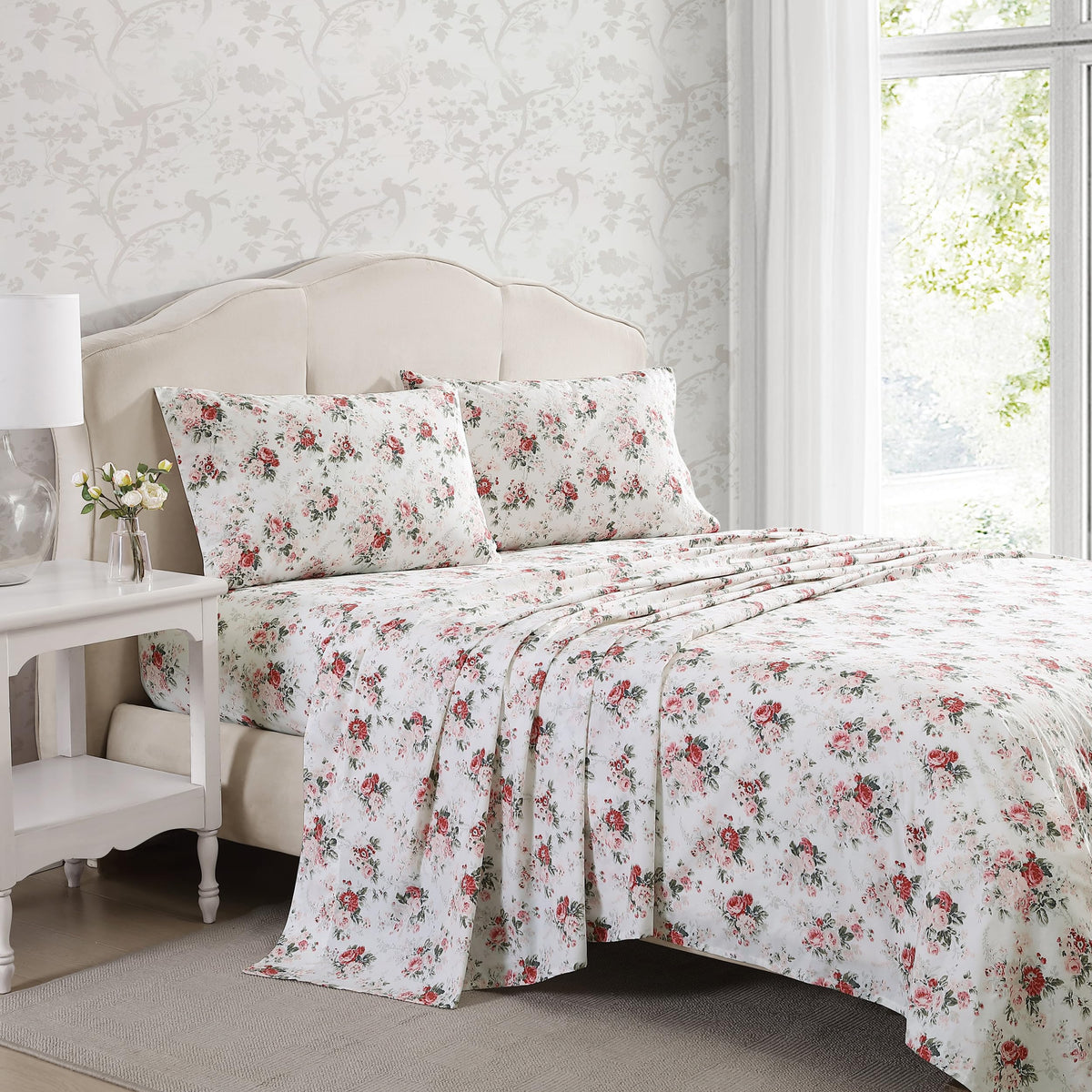 Laura Ashley - King Sheets, Cotton Percale Bedding Set, Lightweight & Breathable Home Decor (Ashfield Pink, King)